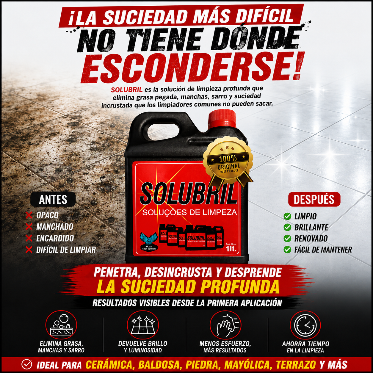 Solubril Ultra Pro de 1LT — Arranca la suciedad más imposible y deja tus pisos como nuevos en minutos