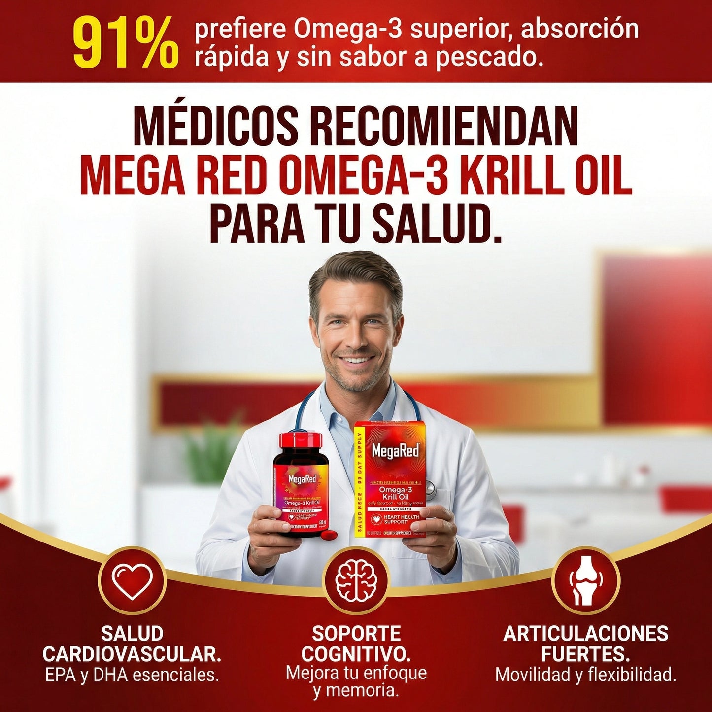 Mega Red Omega-3 Aceite de Krill 500mg - Suplemento para Corazón, Cerebro y Articulaciones (80 Cápsulas)