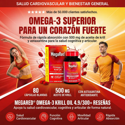 Mega Red Omega-3 Aceite de Krill 500mg - Suplemento para Corazón, Cerebro y Articulaciones (80 Cápsulas)