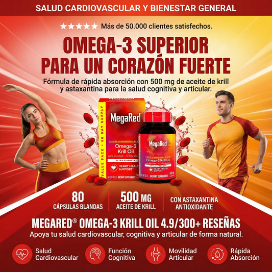 Mega Red Omega-3 Aceite de Krill 500mg - Suplemento para Corazón, Cerebro y Articulaciones (80 Cápsulas)